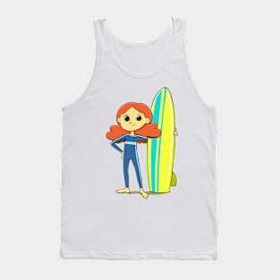 girl dressed in a swimming suit with a surfboard on the water Tank Top